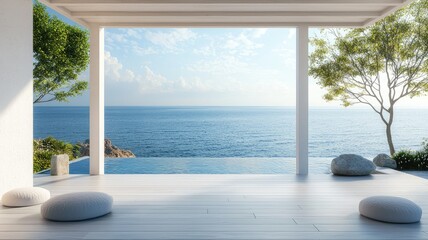 Fototapeta premium Modern coastal view from a tranquil patio featuring a serene ocean and lush greenery, perfect for relaxation and inspiration.