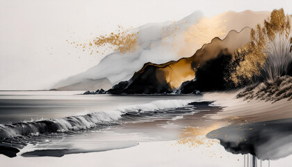 Akwarelowe tło dla projektu, brązowe i czarne plamy na białym tle, dekoracja trendy 2025 generative ai 