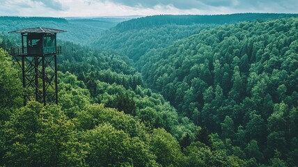 Scenic view of a lush, green forest with a lookout tower, showcasing the beauty of nature and tranquility in a mountainous region.