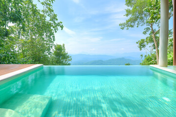 Fototapeta premium Stunning mountain view from an inviting infinity pool on a sunny day surrounded by lush greenery