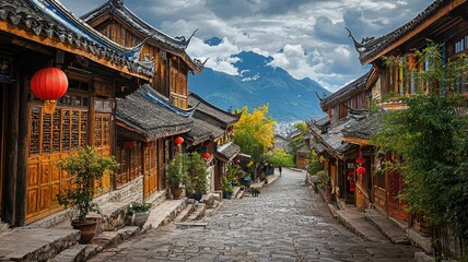 Obraz premium Scenic view of an ancient street lined with traditional buildings, mountains in the background, and lush greenery, evoking tranquil beauty.