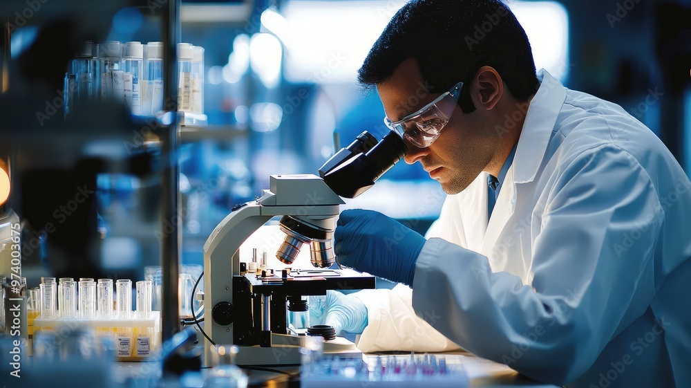 Poster scientist examining samples under a microscope in a modern laboratory setting, showcasing advanced r