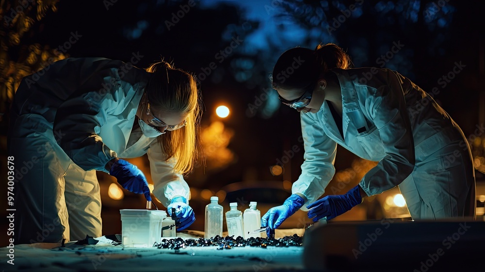 Poster scientists conduct experiments at night, analyzing samples under artificial light for precise result
