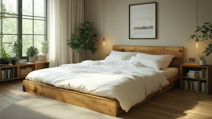 A cozy bedroom featuring a wooden bed, white linens, and plants for a serene atmosphere.