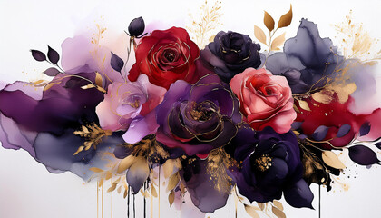 Piękne róże na białym tle, akwarela, tło dekoracja generative ai © Elżbieta Kaps