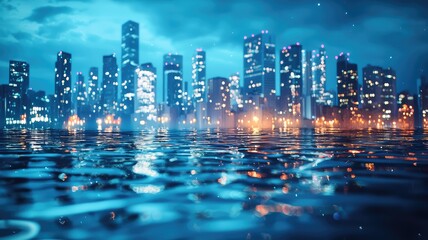 Obraz premium Stunning cityscape reflecting in the water, showcasing modern architecture and vibrant lights against a twilight backdrop.