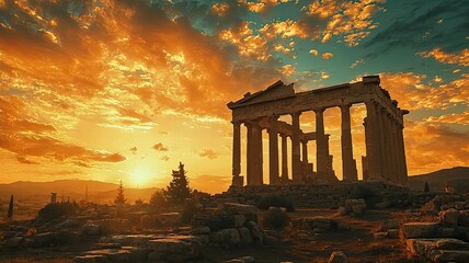 Fototapeta premium Stunning sunset over ancient ruins, showcasing majestic columns against a vibrant sky. Perfect for travel and history enthusiasts.