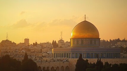 Naklejka premium Stunning sunset view of the Dome of the Rock, a significant religious site in Jerusalem, showcasing its architectural beauty.