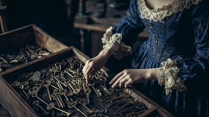 A lady in a retro gown explores a set of old keys, capturing the allure of a forgotten time.