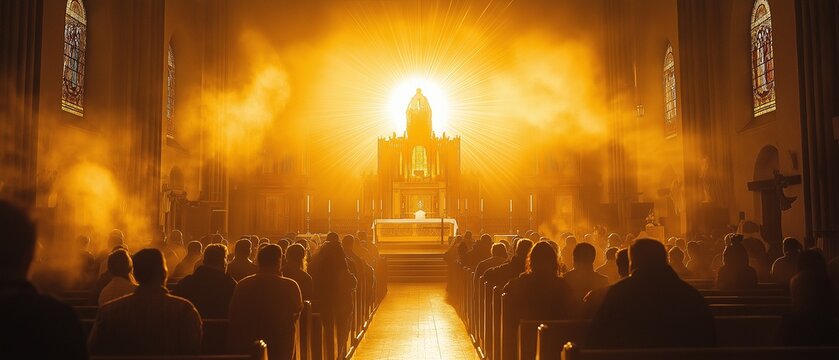 At a Catholic church, during Eucharistic Adoration, worshippers are very reverent, and the atmosphere is one of prayer and contemplation.