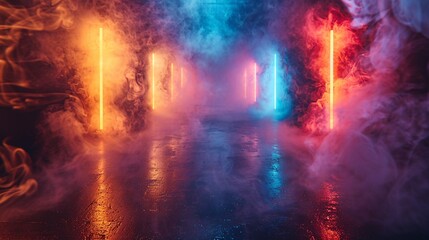 Naklejka premium Vibrant and abstract laser beams dance through a misty haze.