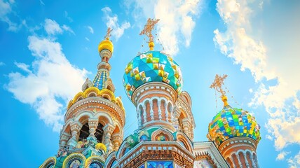 Obraz premium Stunning view of colorful domes under a bright blue sky, showcasing intricate architectural details and vibrant colors.