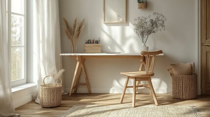 A cozy workspace featuring a wooden desk, chair, and natural decor in a sunlit room.