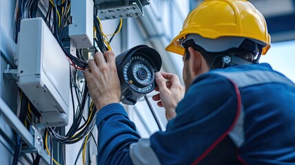 Technician installing a security camera in an industrial setting, highlighting safety measures and technology in surveillance.