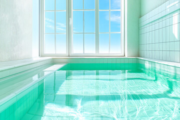 Bright indoor swimming pool with sunlight streaming through large windows on a clear day