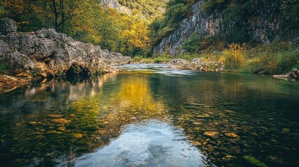 Tranquil river scene surrounded by rocks and vibrant autumn foliage, reflecting nature's beauty and serenity.