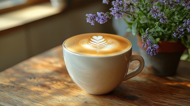 A cozy latte art with a heart pattern sits on a wooden table beside fresh lavender flowers in a sunlit cafe