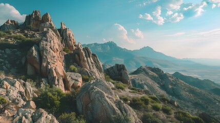 illustrative photography of a snowy rocks mountain with gree savana