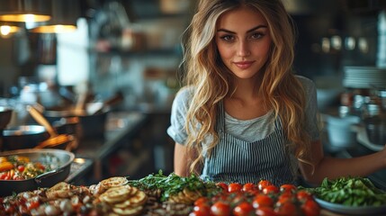 Obraz premium Young cook preparing fresh vegetables and herbs in a vibrant kitchen during a sunny afternoon