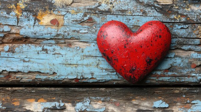 A red heart decoration resting on weathered blue wooden planks evokes feelings of love and nostalgia in a rustic setting