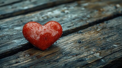 Fototapeta premium A vibrant red heart resting on a rain-soaked wooden surface with droplets glistening in natural light