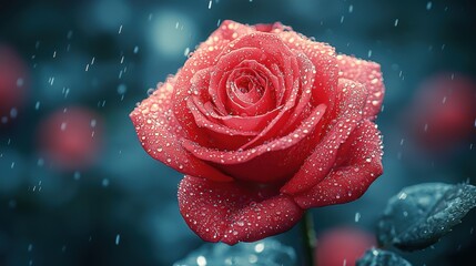 A stunning red rose covered in raindrops amidst a blurred background of dark foliage