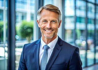 Naklejka premium Attractive middle-aged male with short hair and gentle smile, wearing a formal suit, looking confident and professional