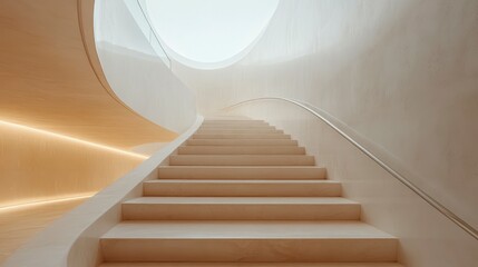 A modern staircase with smooth lines and soft lighting leading to a bright space above.