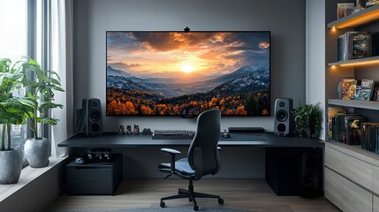 A modern workspace featuring a large screen, speakers, and a stylish chair in a cozy setting.