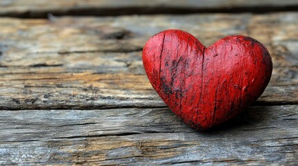 Obraz premium A rustic red wooden heart resting on aged grey wooden planks in a serene, natural setting showcasing love and craftsmanship