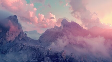 Fototapeta premium landscape illustration of snowy rocks mountain with foggy sky in soft colorfully pastel color