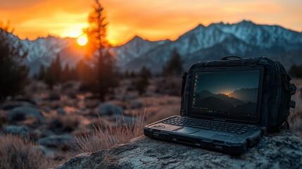 A rugged laptop rests on a rock at sunset, surrounded by mountains and nature.