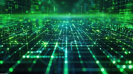 Obraz premium Futuristic green glowing matrix backdrop with abstract geometric patterns illuminated digital connections and a sense of advanced technology innovation and future development