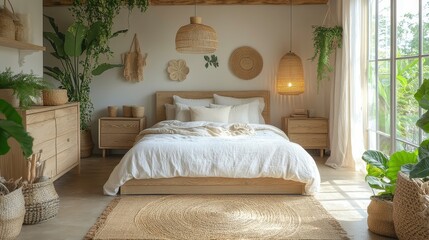 A serene bedroom with natural decor, plants, and warm lighting for relaxation.