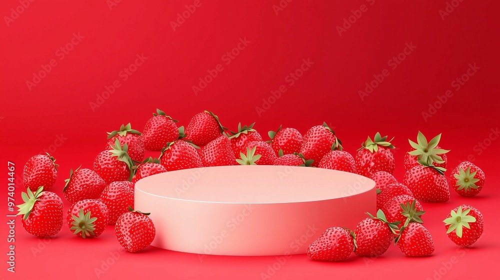 Poster a vector illustration of an empty podium surrounded by tiny strawberries, isolated on a vibrant red 