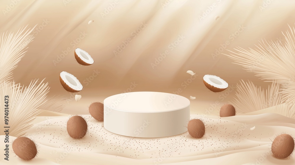 Poster a vector illustration of an empty podium surrounded by tiny coconuts, isolated on a sandy beige back