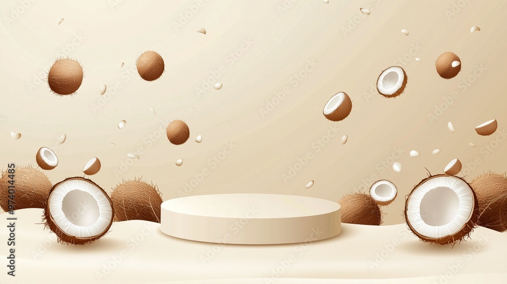 Poster a vector illustration of an empty podium surrounded by tiny coconuts, isolated on a sandy beige back