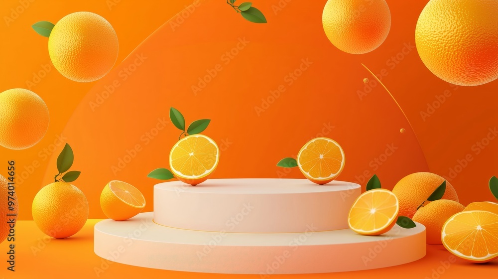 Poster a vector illustration of an empty podium surrounded by tiny grapefruits, isolated on a zesty orange 