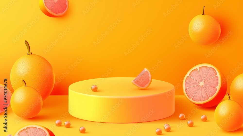Poster A vector illustration of an empty podium surrounded by tiny grapefruits, isolated on a zesty orange background