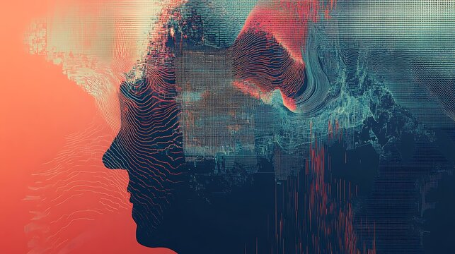 The abstract head silhouette, bathed in warm sunlight, represents the intersection of human mind and cosmic energy, a fractal tapestry of imagination and power