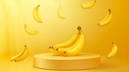 A vector illustration of an empty podium decorated with small bananas, isolated on a bright yellow background