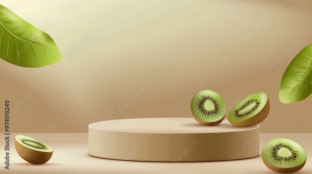 Poster a vector illustration of an empty podium arranged with small kiwis, isolated on a soft brown backgro