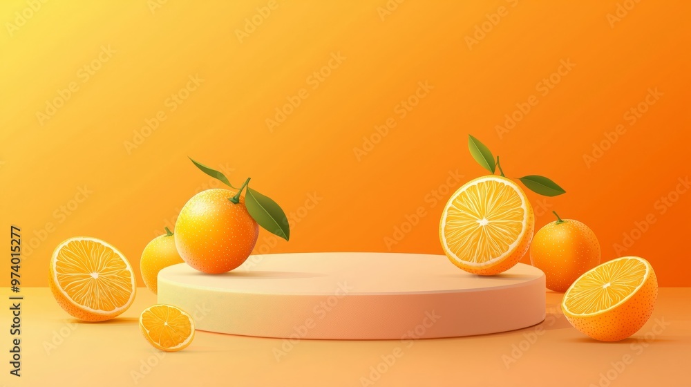 Poster A vector illustration of an empty podium surrounded by tiny grapefruits, isolated on a zesty orange background