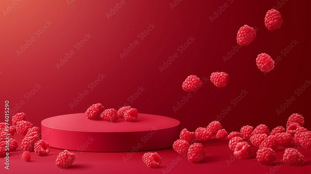 Poster a vector illustration of an empty podium surrounded by tiny raspberries, isolated on a rich red back