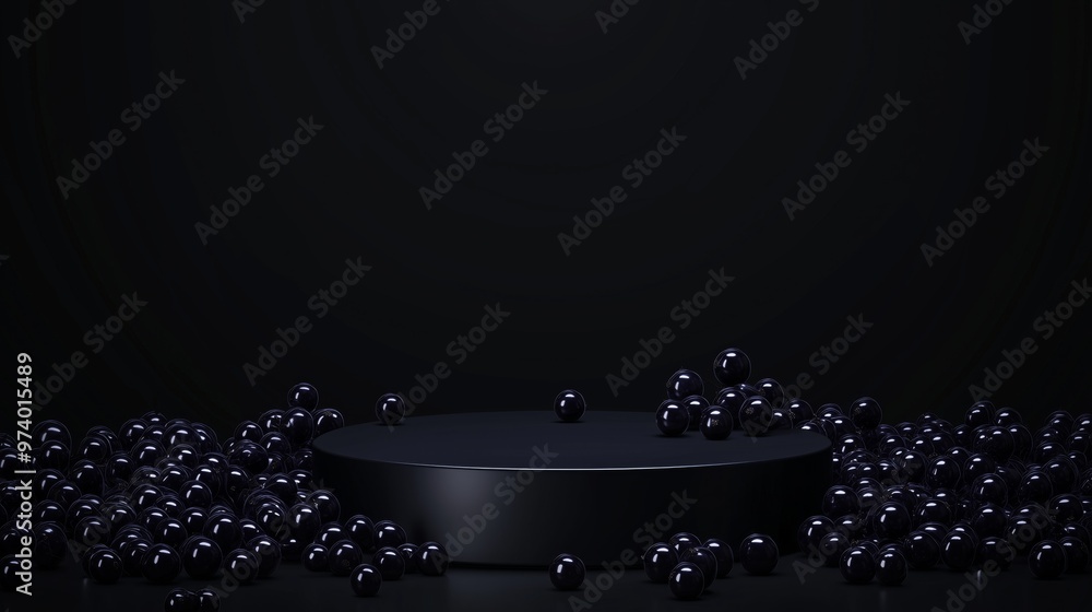 Poster a vector illustration of an empty podium surrounded by tiny blackcurrants, isolated on a deep black 