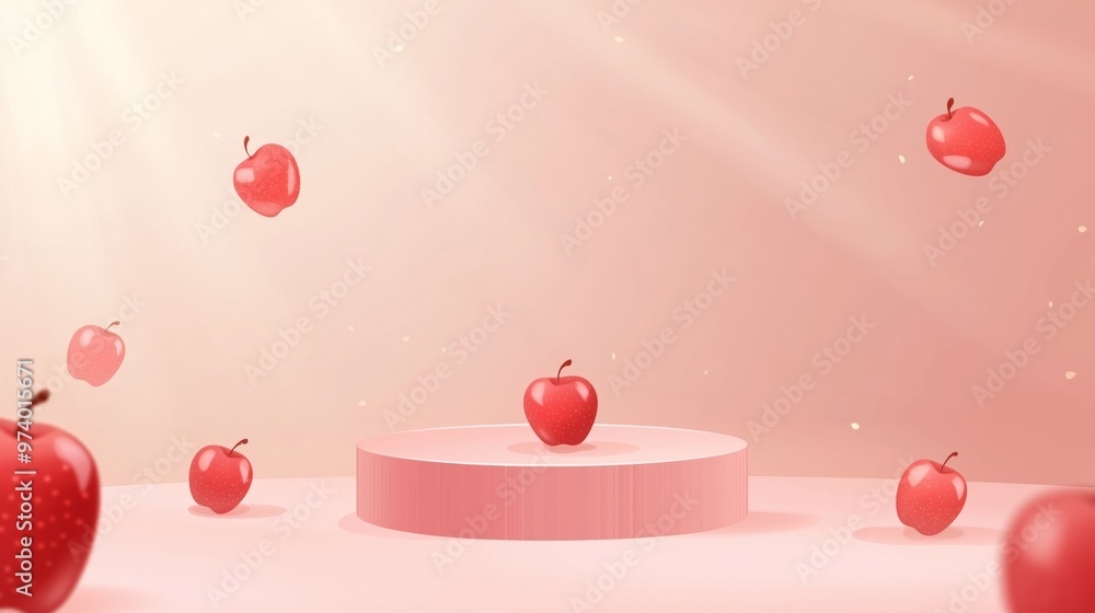 Poster a vector illustration of an empty podium featuring tiny apples neatly arranged, isolated on a light 