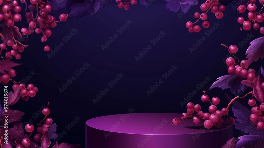 Poster a vector illustration of an empty podium adorned with miniature currant berries, isolated on a deep 