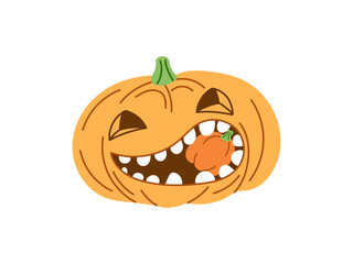 Vector flat style Halloween Illustration. Hand-drawn scary pumpkin sketch isolated on white background. Element for labels, packaging and cards design.