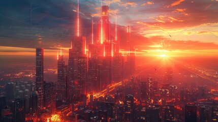 Breathtaking aerial view of a futuristic cityscape with towering skyscrapers illuminated in a vibrant orange glow during a dramatic sunset over a modern metropolitan landscape