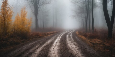 Obraz premium Muddy forest road disappearing into the fog on a gloomy day.